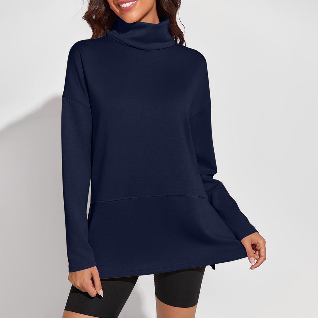 Women's Solid Color Slit Round Neck Sweatshirt Casual Top Loose Long Sleeved Top