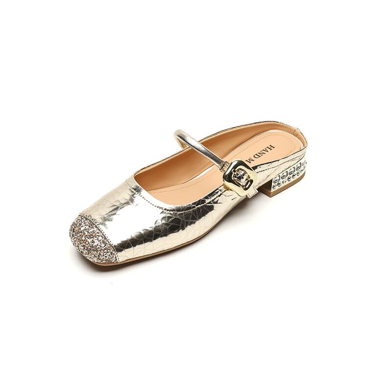 

Мода НОВЫЕ Летние Женские Мюли Обувь из Спилка для Женщин Квадратный Носок Обувь на Низком Каблуке Закрытый Носок Сандалии Слингбэки Ремешок с Пряжкой Шлепанцы 41 золотой