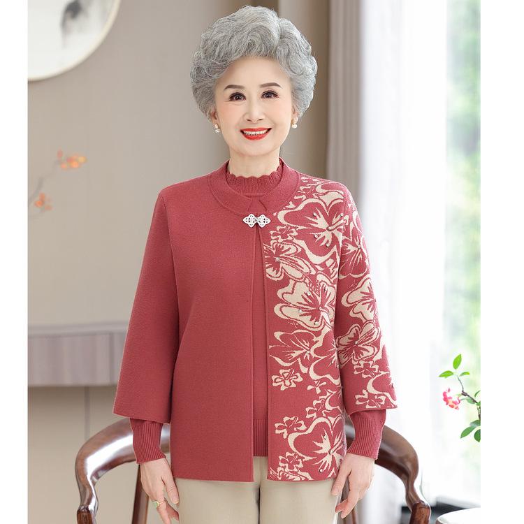 

Новый свитер Модный костюм из двух частей в национальном стиле Свободное пальто Женская одежда Для среднего и пожилого возраста Бабушкин Осенне-зимний вязаный свитер XL красный