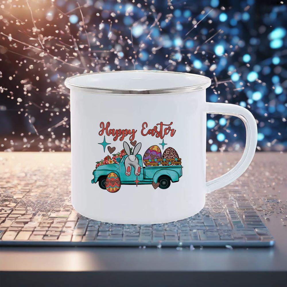 Happy Easter Themed Coffee Mugs Cute Coloful Juice Water Drinkware easy clean Mugs Novetly Rabbit Car Pattern Enamel Mug Safe