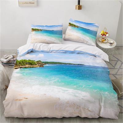 Ocean Duvet Cover Set King Size Polyester Tropic Ocean Style Sandy Shore and Sea with Waves Escape To Paradise Theme Bedding Set