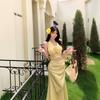 Seaside vacation yellow neck sling dress women's summer great-looking beach dress waist hip long skirt