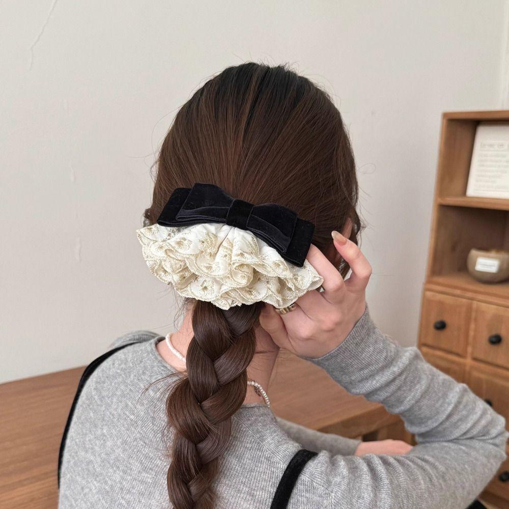 Cloth Red Velvet Bow Hair Clip Wine Red Lace Bow Hairpin Bowknot Spring Clip Autumn and Winter