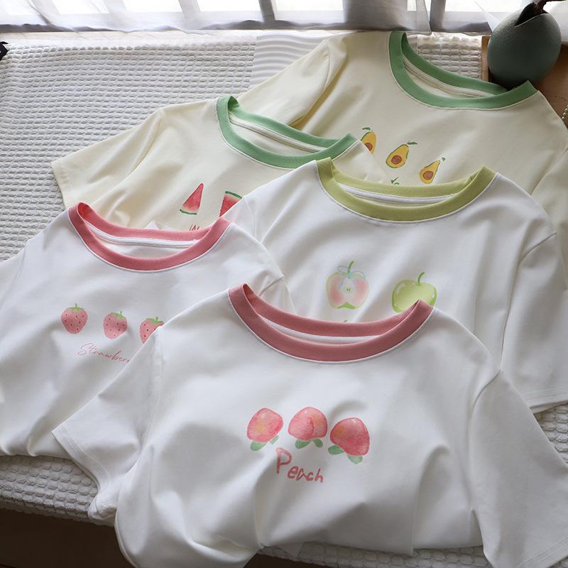 

[Bi Zheng] 2025 Women s Summer Korean Style Color Block Print Casual Short Sleeve T-shirt One Size