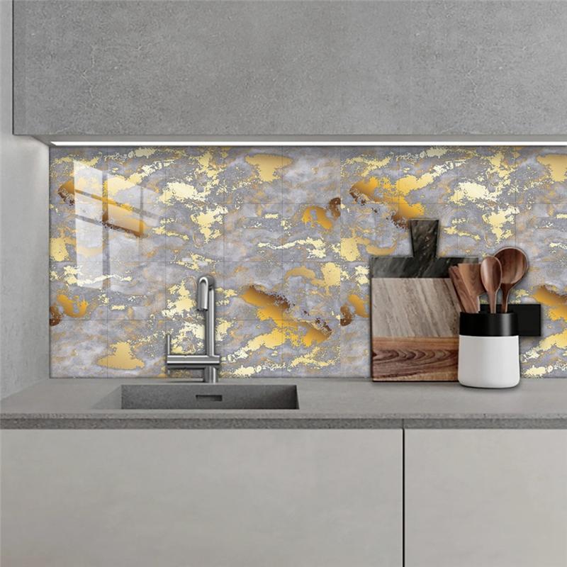 A03F-Style Golden Marble Pattern Tiles Sticker 10Pcs Oil-Proof Kitchen Backsplash Cupboard Waterproof Wall Decals Art