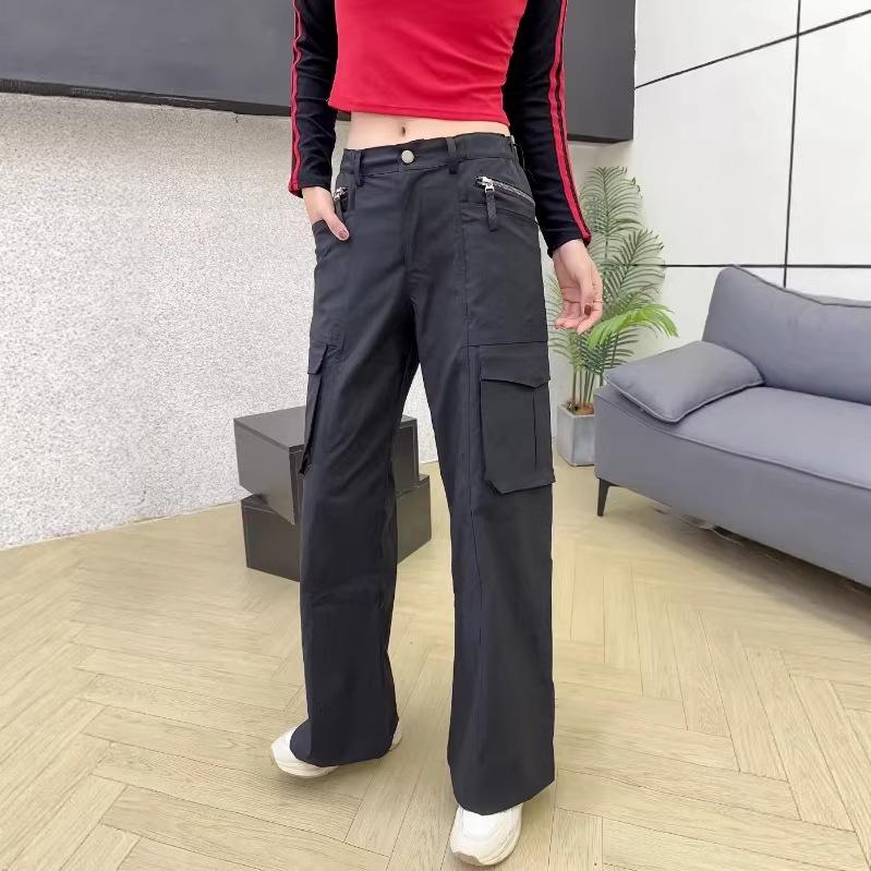 Spring Women s Wide-Leg Workwear Pants - Multi-Pocket, Loose Fit, Straight Leg Large