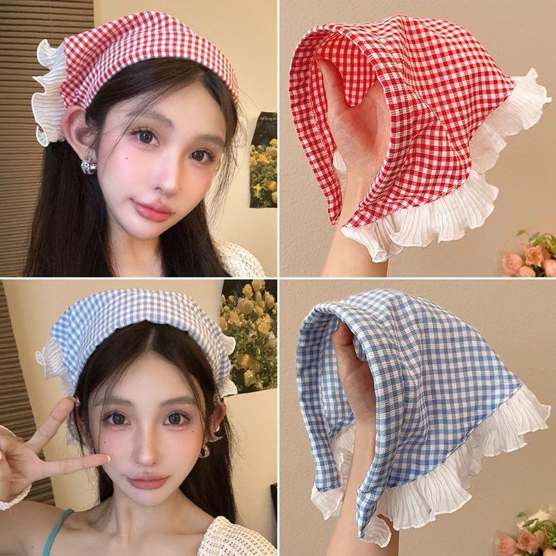 Idyllic lace headband new blast furnace top triangle scarf headband French retro plaid sweet and cute headscarf