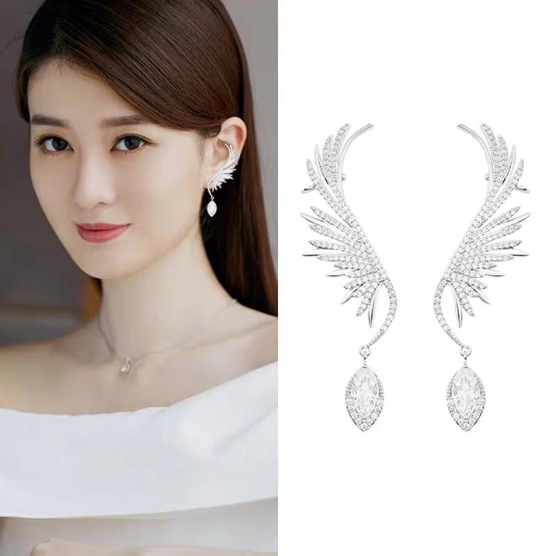 Simple Alloy Long Wing Stud Temperament Feather Earrings Silver Wings Shape Elf Ear Cuff Earrings Jewelry Accessories Gifts