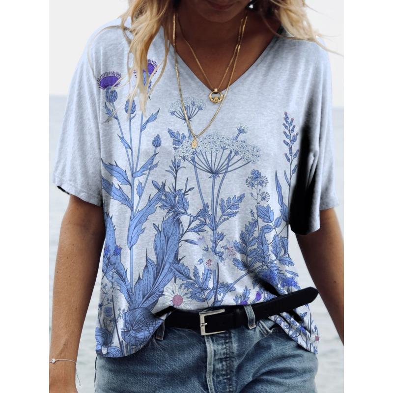 Summer Women's Trendy Rose 3D Printed Short Sleeved V-neck T-shirts