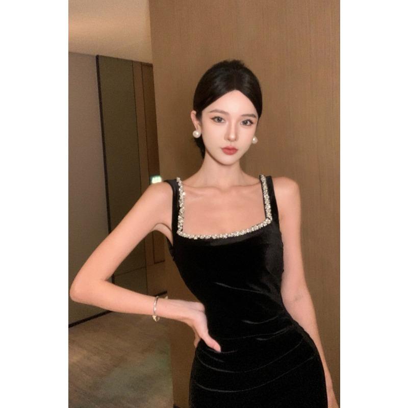 

French Hepburn Diamond-encrusted Velvet Suspender Dress for Women s Summer New Slim-fitting and Slim-looking Black Long Skirt L чорний