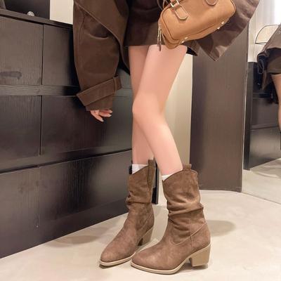 Pile Boots Women's Autumn Pointed Head Mid-heel Boots Western Cowboy Wasteland Wind Pleated Boots Merard Knight Boots