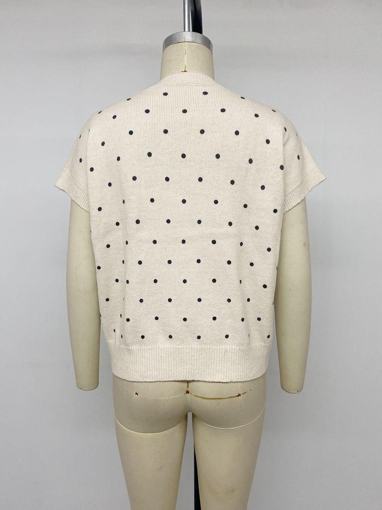2026 Autumn Women's Polka Dot Knit T-Shirt: Round Neck, Short Sleeve, Loose Fit Sweater Style
