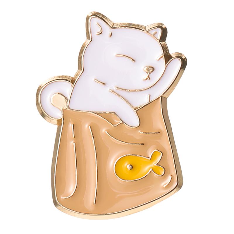 Feed Myself Enamel Pins Cute Black White Cats Dried Fish Bag Brooches Lapel Badge Cartoon Animal Jewelry Gift for Kids Friends
