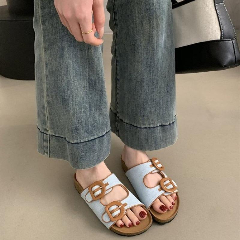 

Fashion Sandals of Women British Style Rome Comfy Soft Leather Summer Sandalias Metal Buckle Casual Slipper Flat Platform Sandals 40 небесно-голубой