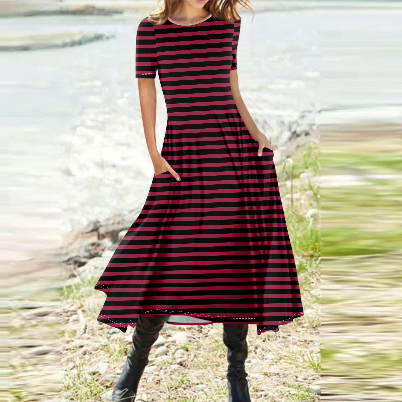 

Жіночий модний повсякденний пуловер з принтом і круглим вирізом. Приталена сукня з коротким рукавом XL винний