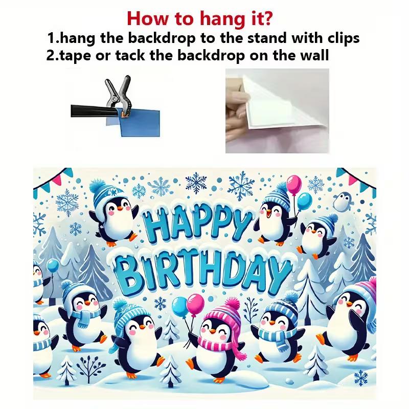 Fondo de Feliz Cumpleaños de Pingüino Lindo 2D, Pancarta Decorativa para Fiesta Invernal de Nieve