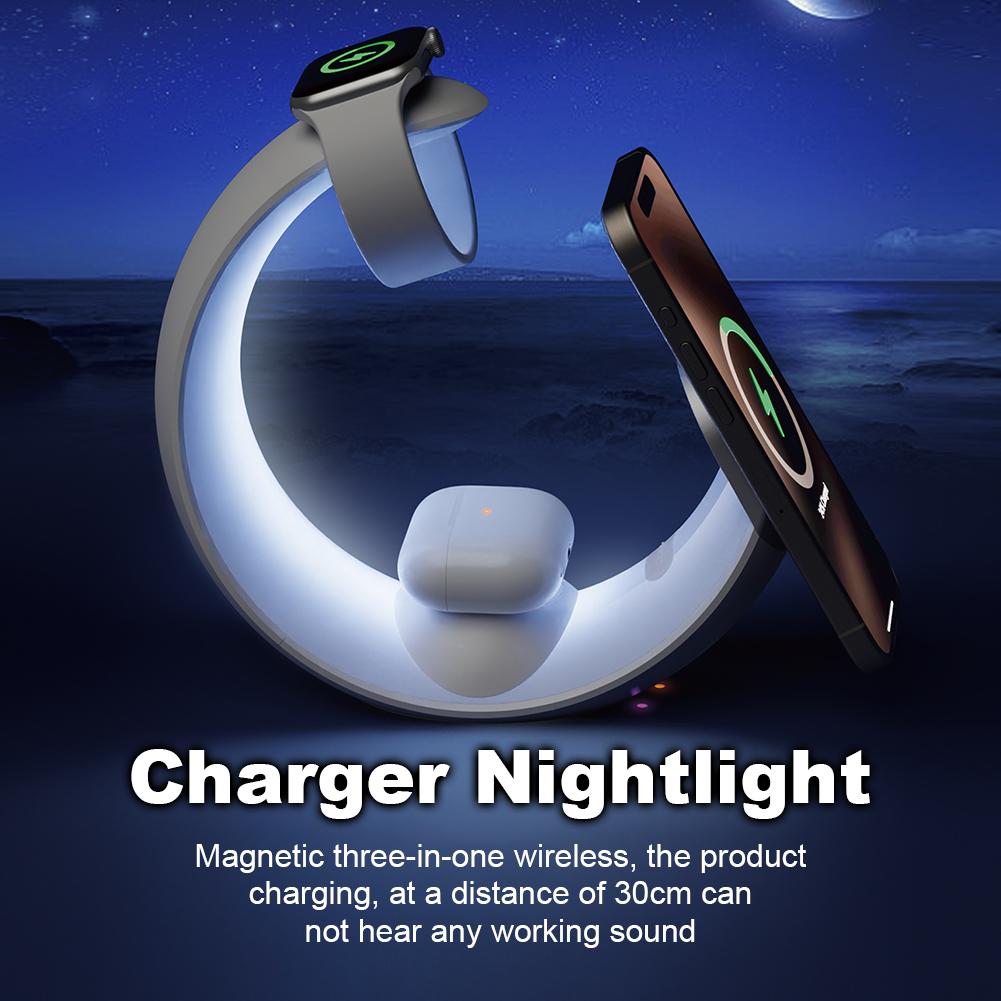 Suport Stație de Încărcare Wireless Magnetic 4 în 1 QC3.0 PD cu Lampă de Birou RGB Dock de Încărcare Wireless 15W pentru iPhone AirPods IWatch