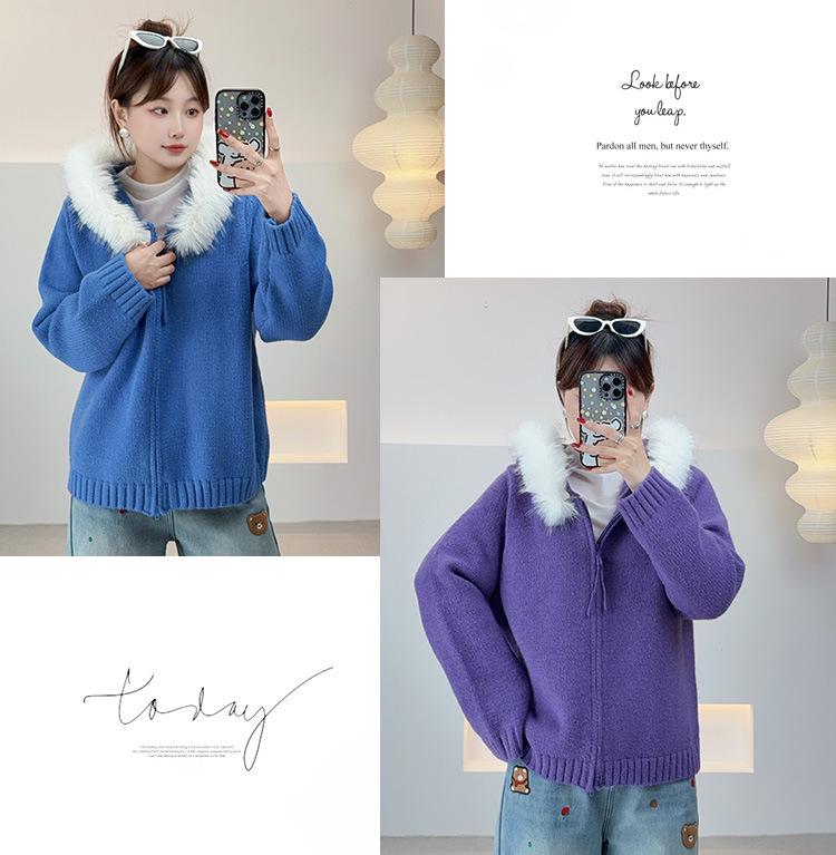 AI Yuan 2025 Winter Plus Size Women's Hooded Sweater with Fur Collar & Dual Zipper, Design MM F701.