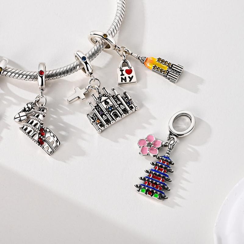 Original Copper Charms Beads Paris Eiffel Castle Church Pendant Fit Bracelet Bangle Pendant Women Diy Jewelry Gift