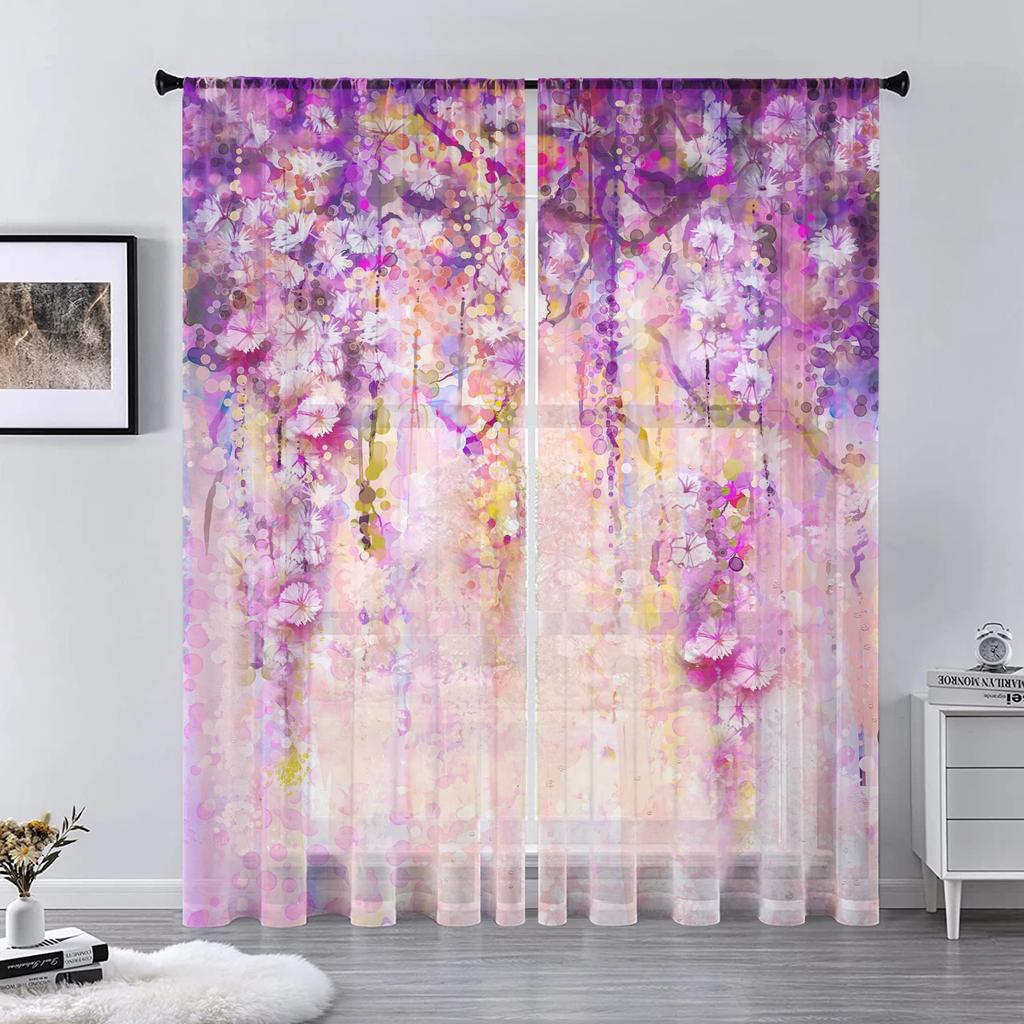 Flower Wall Voile Curtains Living Room Bedroom Decoration Transparent Chiffon Tulle Curtain Kitchen Window Treatment Sheer Polyester Sitting Decor