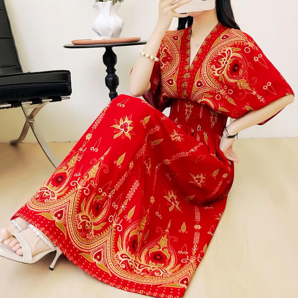 26-Year Floral V-Neck Cotton Silk Batwing Sleeve Beach Dress - Thailand Travel & Vacation Skirt Style