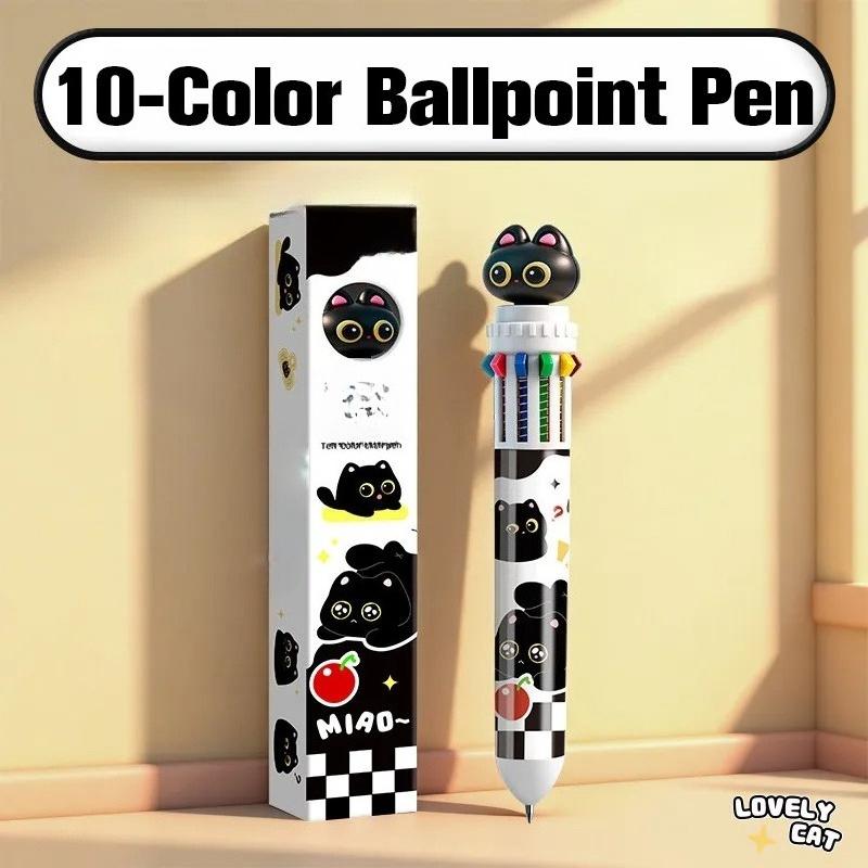 Kawaii 10-Color Cat Multi-Pen - Single Button Retractable Design, 0.5mm Quick-Dry,10 Colors in 1 Pen,Vibrant Colors,Ideal for Sketching, Journaling Cat