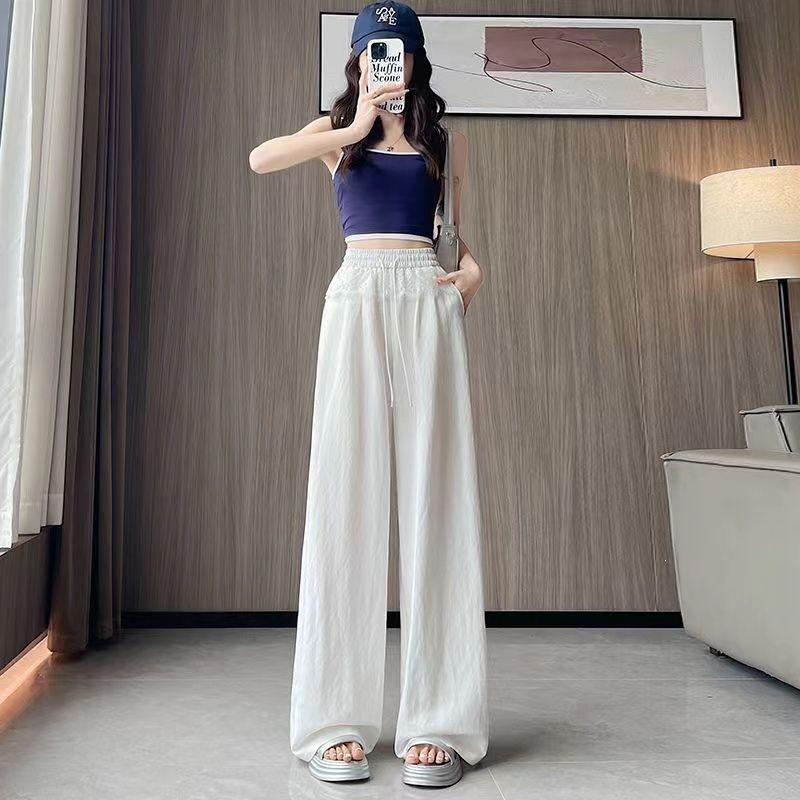 Lace Splicing High Waist Women s Summer Pants - Casual Loose Straight Leg Yamamoto Style S 75-98 lbs