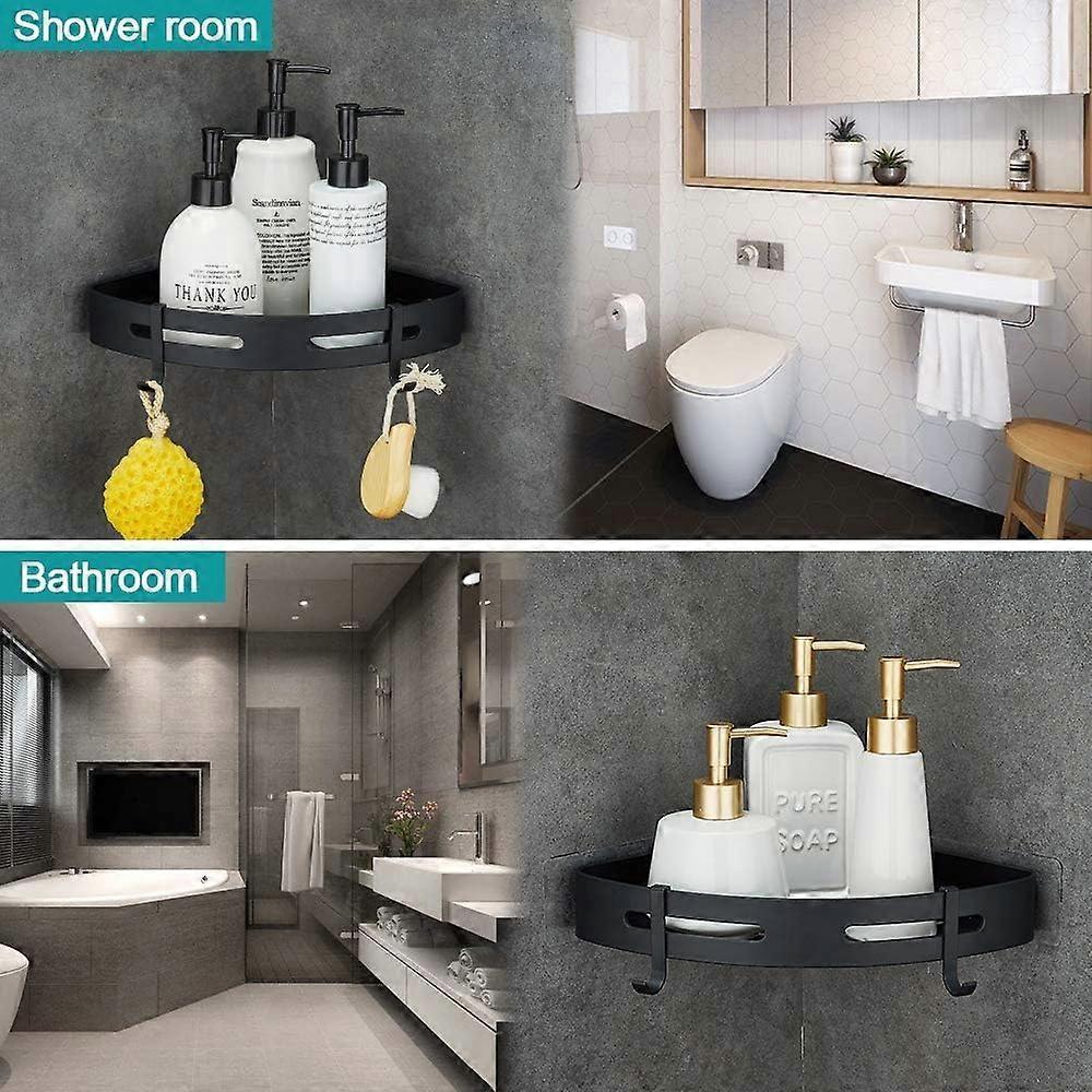 No-Drilling Corner Shower Shelf Metal with 2 Hooks for Shower Anti-Rust Holder Self-Adhesive for Bathroom Items 2 Pieces (Black)