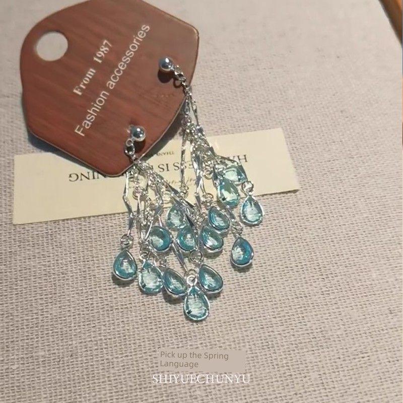 

Серьги-пусеты из стерлингового серебра 925 пробы в виде голубых капель воды, женские, легкая роскошь, необычные серьги с длинной бахромой, изысканные серьги