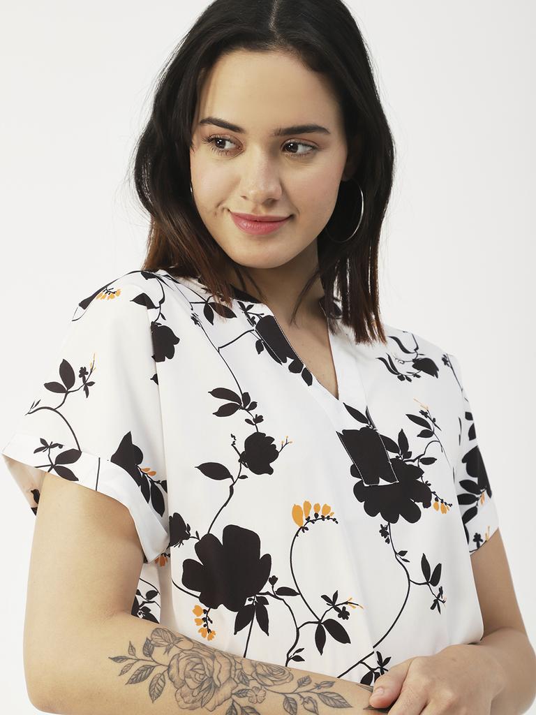 Moomaya Printed V-Neck Long Tops For Women, Short Sleeve Regular Fit Shirt