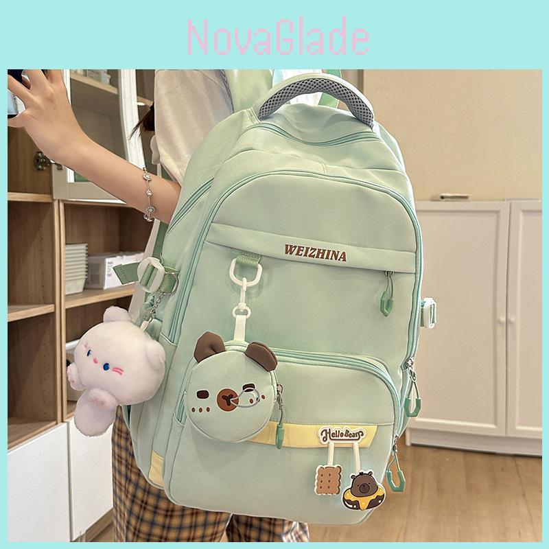 Einfacher einfarbiger Rucksack mit Buchstabenmuster für Schüler, mit Anhänger, für Schule, Bildung und 15-Zoll-Laptop-Aufbewahrung