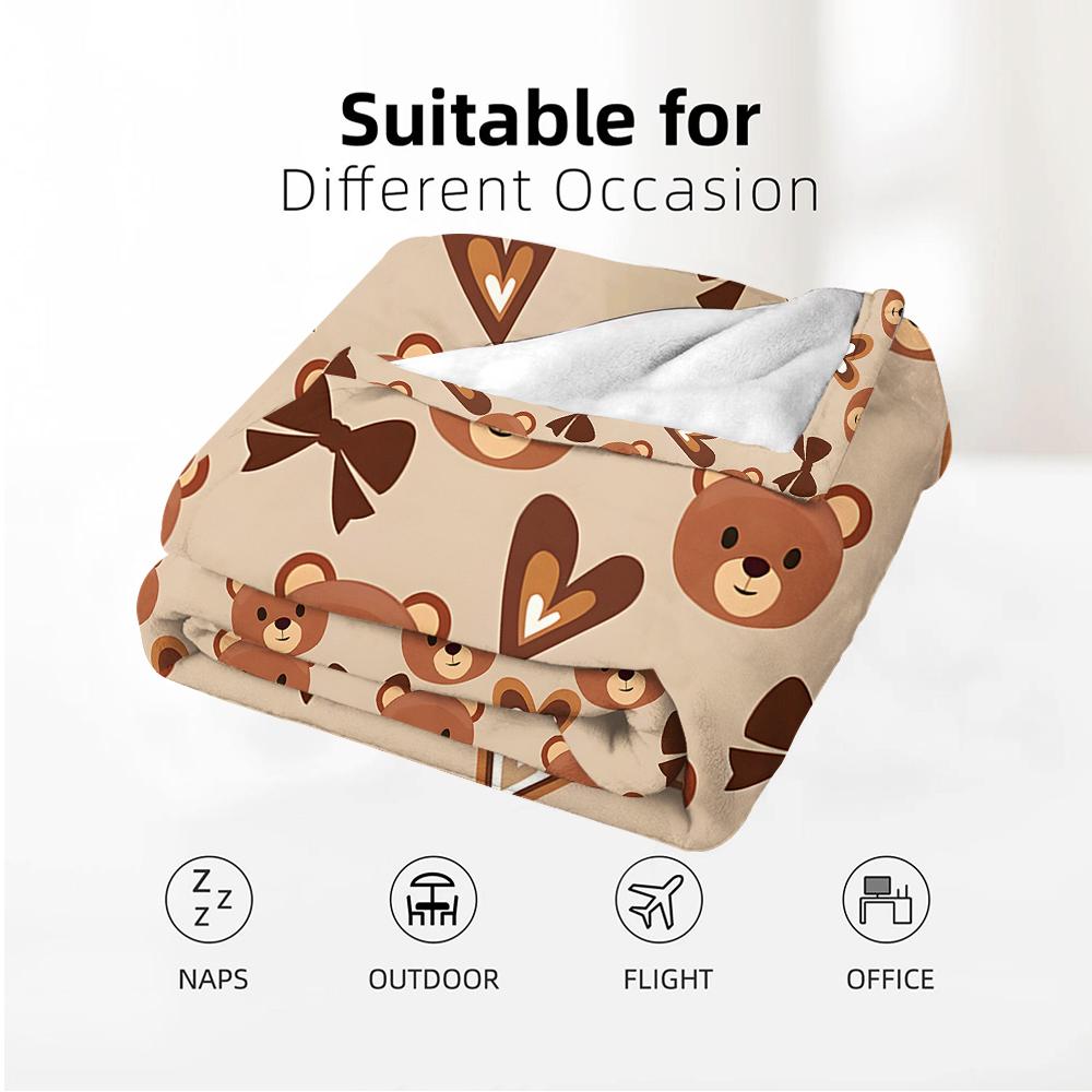 Teddy Bear Heart Bow Soft Flannel Blanket Breathable Warm Throw for Office Car Sofa Kids Room Birthday Xmas Gift