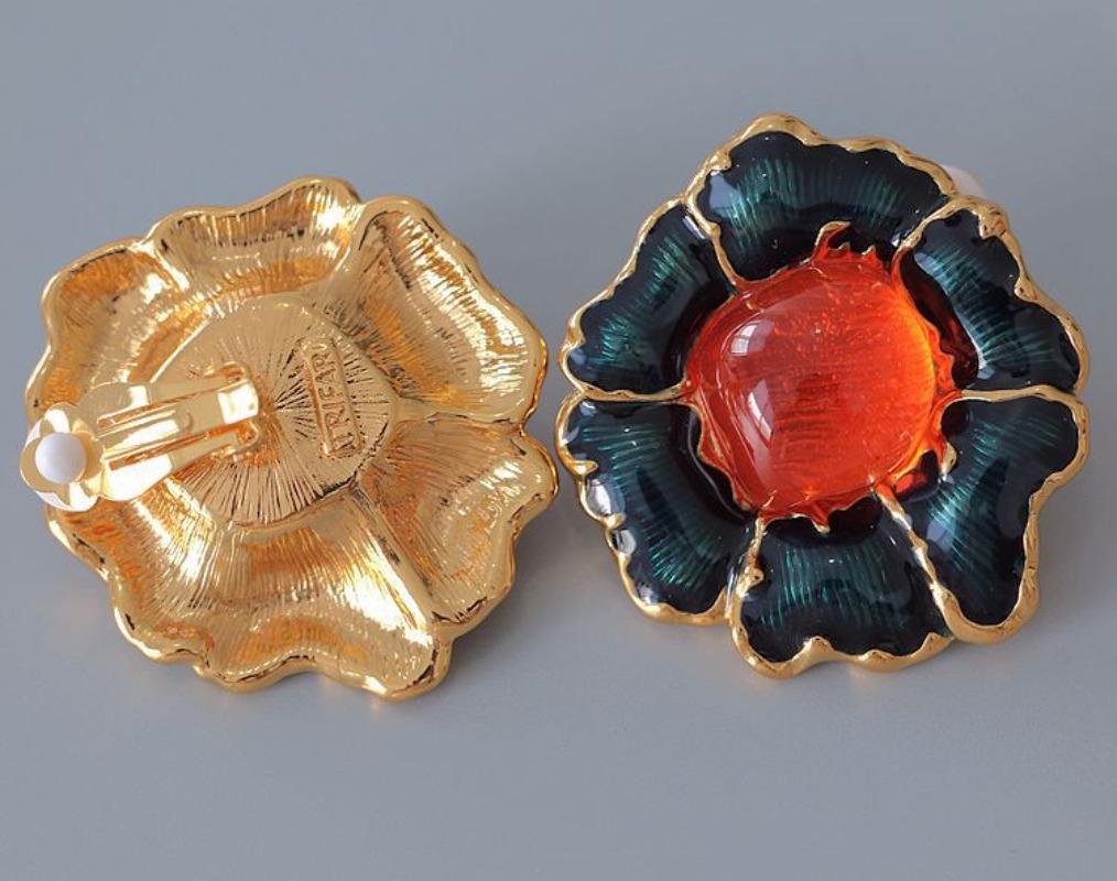 Medieval vintage antique enamel jelly glazed flower earclip earrings medieval jewelry