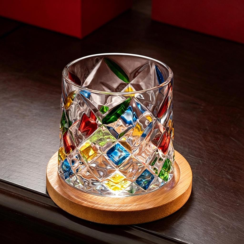 Colorful Hand-Painted Crystal Whiskey Glass, Vintage Embossed Tumbler for Bar & Home
