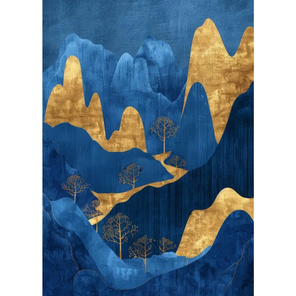 Landscape Blue Mountain Tree Forest Pine Temple River Gold Sun Poster Canvas Painting Print Wall Art for Living Room Home Decor