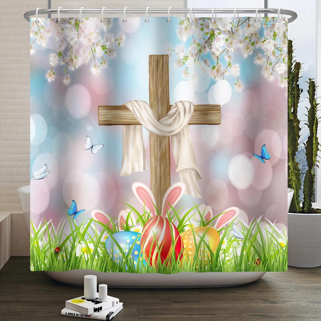 Spring Easter Shower Curtain Happy Rabbit Bunny Eggs Flower Garden Floral Holiday Waterproof Bathroom Shower Curtain With Hooks