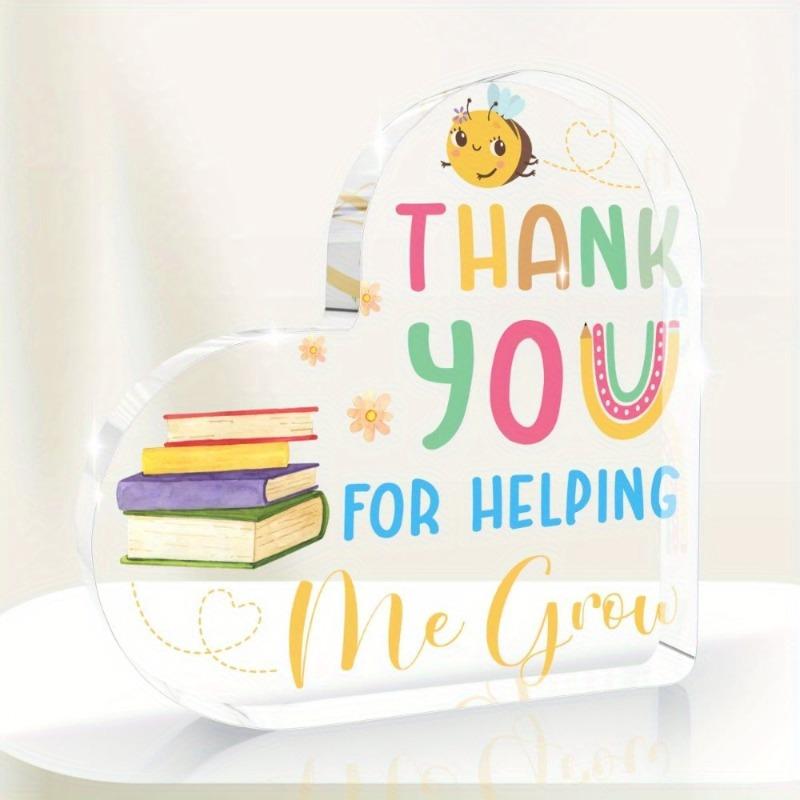 

2D Flat, Thank You for Helping Me Grow Heart-Shaped Acrylic Desk Decor Plaque, Teacher Appreciation Gift, Suitable for Wall Decoration, Porch, Room, 10*10CM
