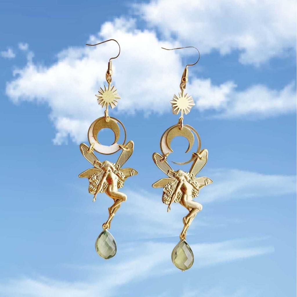 Forest Fairy Green Crystal Earrings With Bohemian Sun Moon Pendant For Women