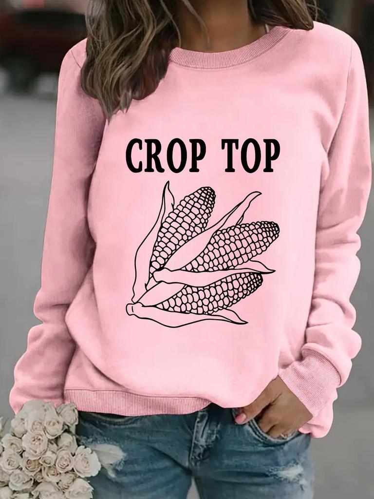 Autumn/Winter Women's Casual Long-Sleeve Corn Print Crop Sweatshirt