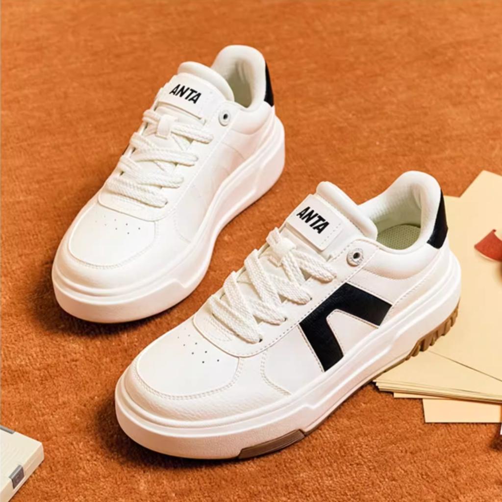 Anta A Path Synthetic Leather Casual Versatile Wear Resistant Height Increasing Low Top Skate Shoes Women Sneakers White Black 122448023-2