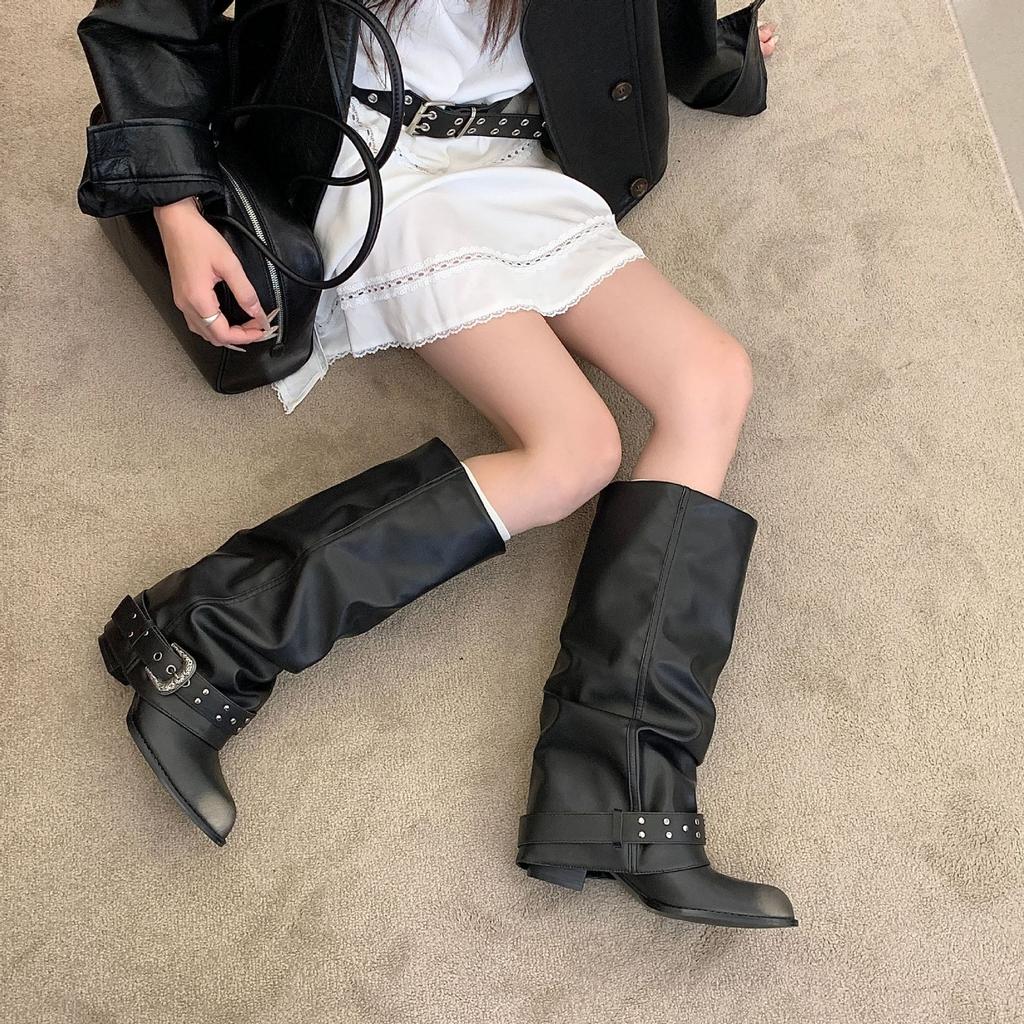 Pointed Pile Boots Women's Thick Heel Spice Girl Pleated Pants Boots Small Man But Knee Knight Boots