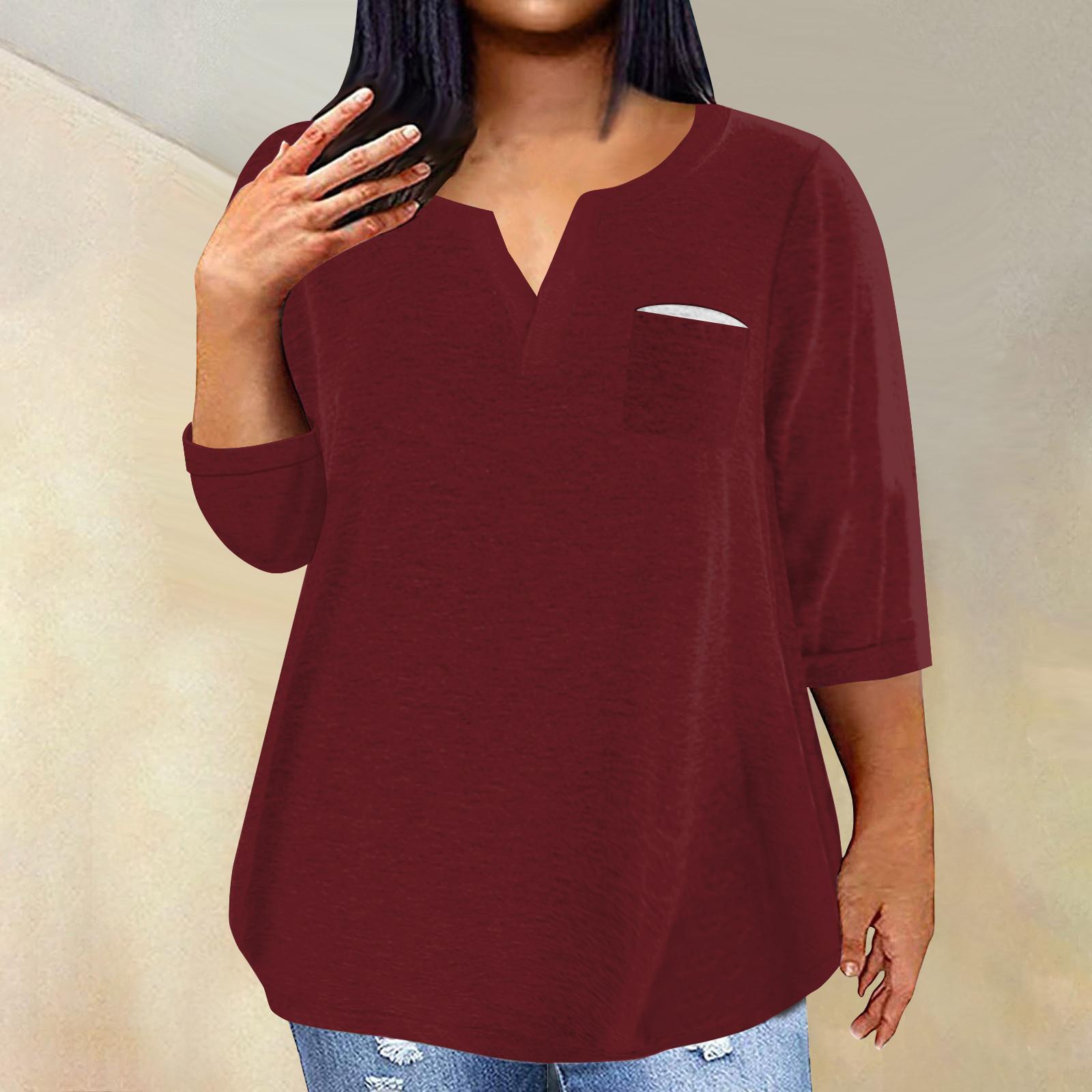 

Жіночий модний повсякденний пуловер з принтом і V-подібним вирізом з рукавом три чверті та рукавом 4/3 XXXXXL винний