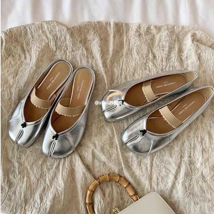 Grape mother has the same style, two versions~ calfskin round head split-toed pig's trotters flat-bottomed Mary Jane single shoes women's half slipper