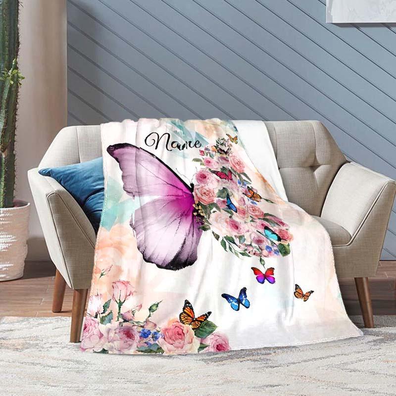 Butterfly Flower Customize Your Name Outdoor Blanket Suitable For All Seasons Comfortable And Warm Soft Blanket Suitable For Travel Gifts For