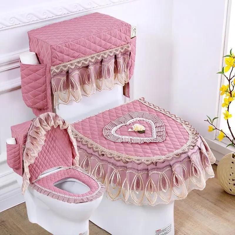 Lace 3D Embroidered Toilet Three Piece Set U-shaped Zipper Closestool Cover with Storage Bag Feather Wave Edge Dust Cushion