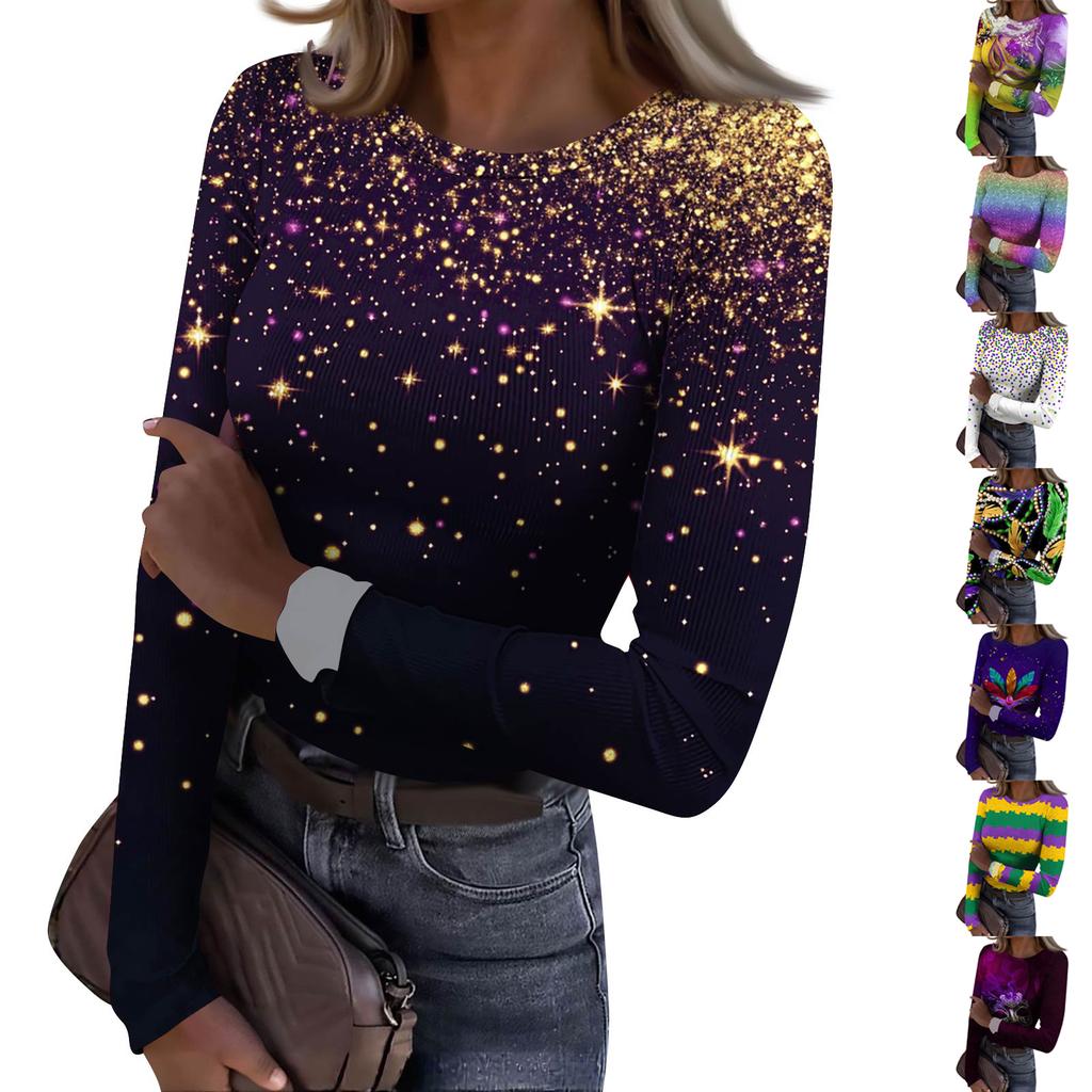 Women's  Slim Bottom T-shirt Fashion Casual Gradient Printing Round Neck Pullover Long Sleeve Top