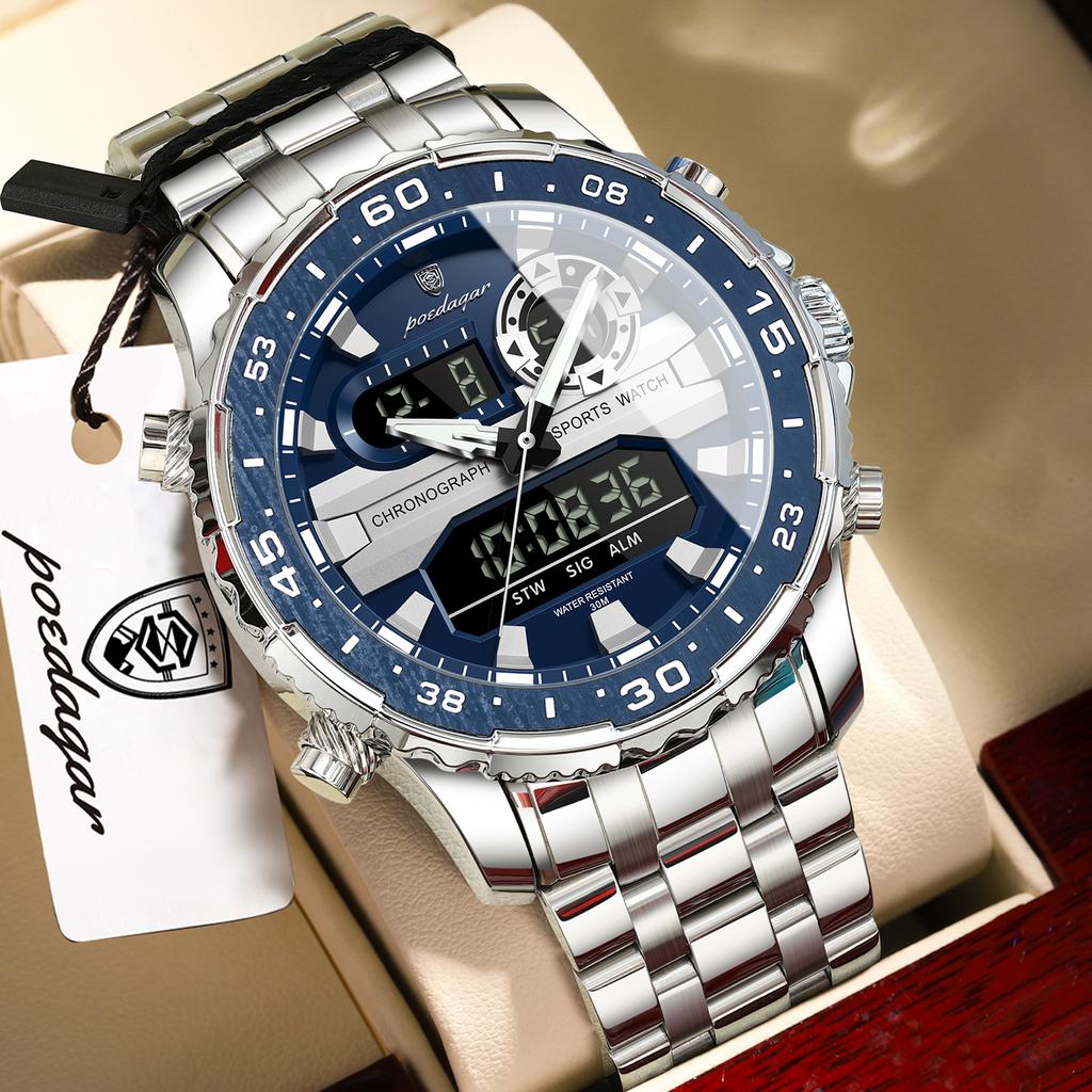 POEDAGAR Electronic Fashion Man Wristwatch Week Date LED Luminous Men Watch Dual Time Display Digital Quartz Watches