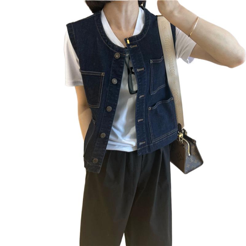 Korean Style Retro Dark Blue Round Neck Denim Vest - Women's Petite Sleeveless Fashion for Spring & Autumn