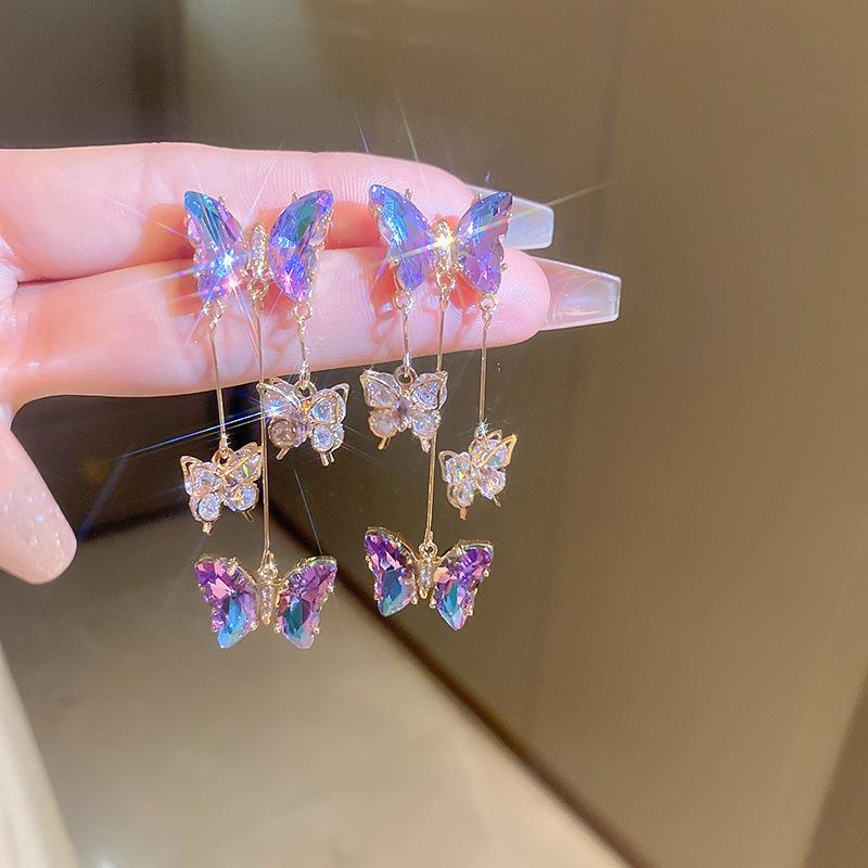 

Ретро Фіолетові Сережки з Квіткою, Діамантовою Китицею - Пусети зі Срібною Голкою для Елегантних Жінок