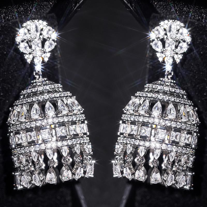 Multi-Tier Hollow Bell Shaped Jhumka Earrings Mixed Marquise & Square Cubic Zirconia Vintage Ethnic Banquet Ladies Accessories